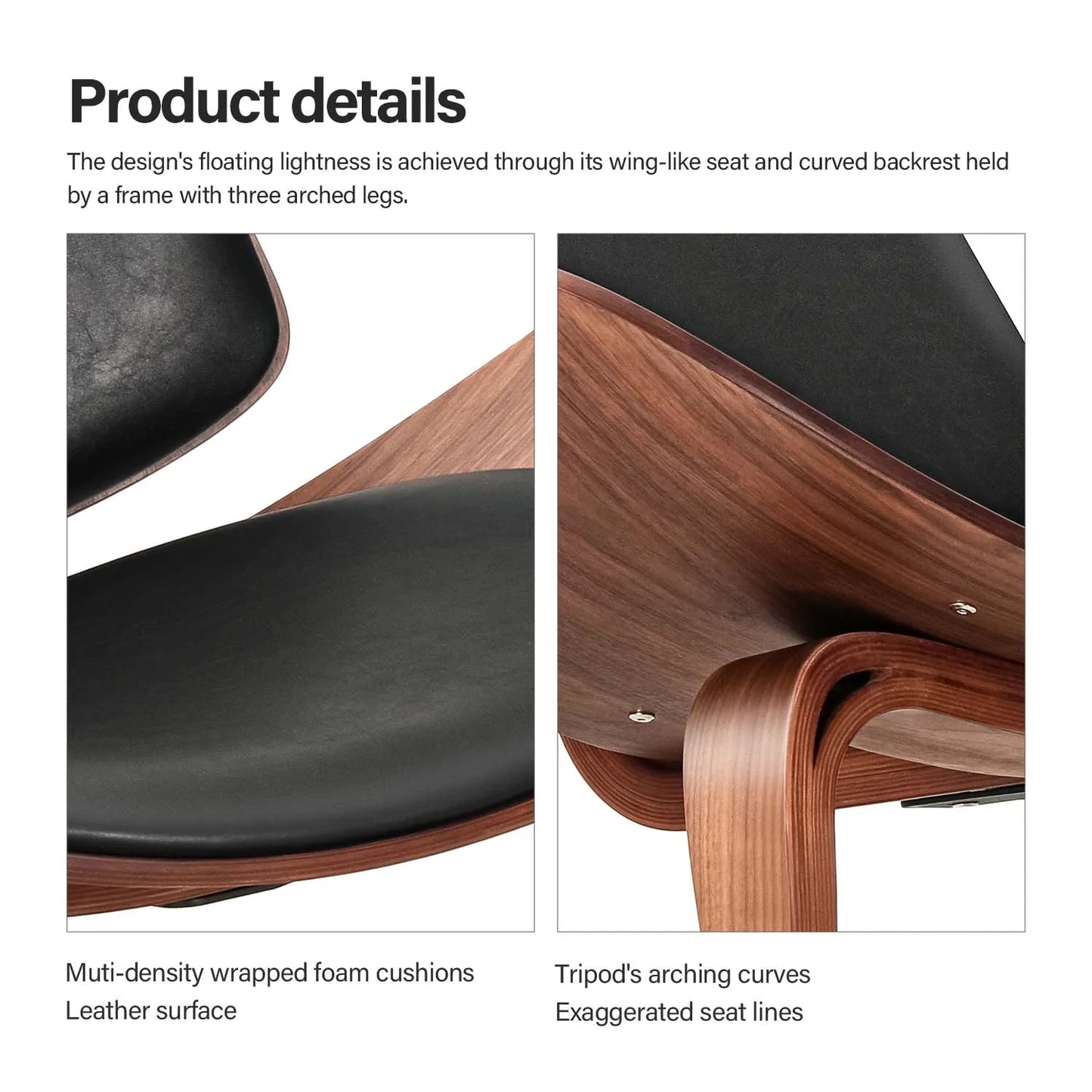 Solid Rosewood Upholstered Faux Leather High-Density Sponge Cushion Shell Chaise Lounge Chairs/Non-Slip Bottom Pads On Legs/Colors-Black/Brown