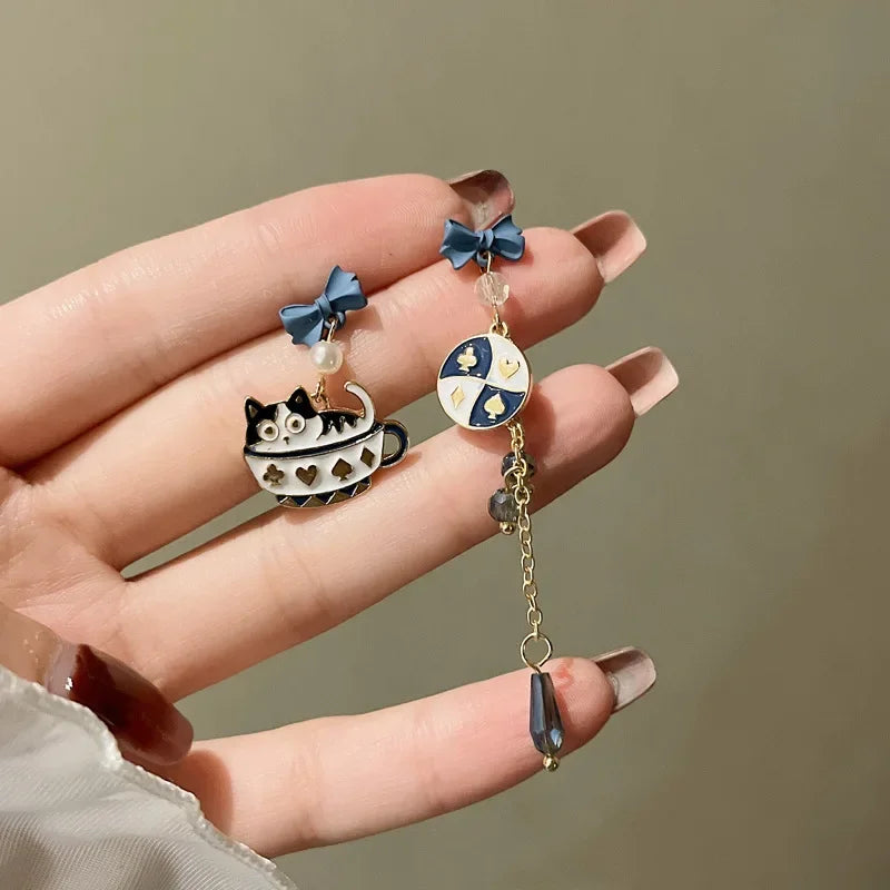 Women-Teen Girls Metal Long Tassel Asymmetrical Enamel Needle Cute Cartoon Cats Coffee-Teacup Dangle Drop Fine Imitation Earrings/Colors-Green/Multicolor/Geometric/Animals