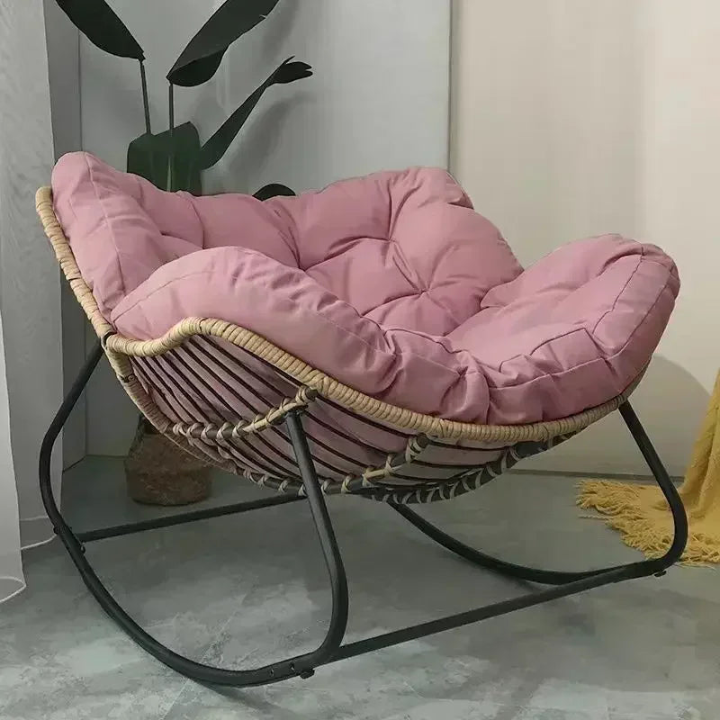 Kids Indoor Rattan Woven Soft Flannel Upholstered Faux Leather Cushion Bird Nest Shaped Metal Frame Rocking Chairs/Colors-White/Black/Gray/Green/Pink/Brown/Beige