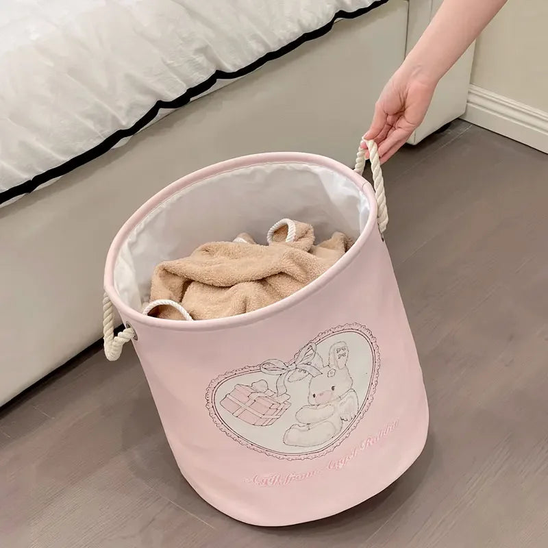 Babies Cartoon Animal Design Canvas Round Collapsible Pink Fabric Laundry Storage Baskets