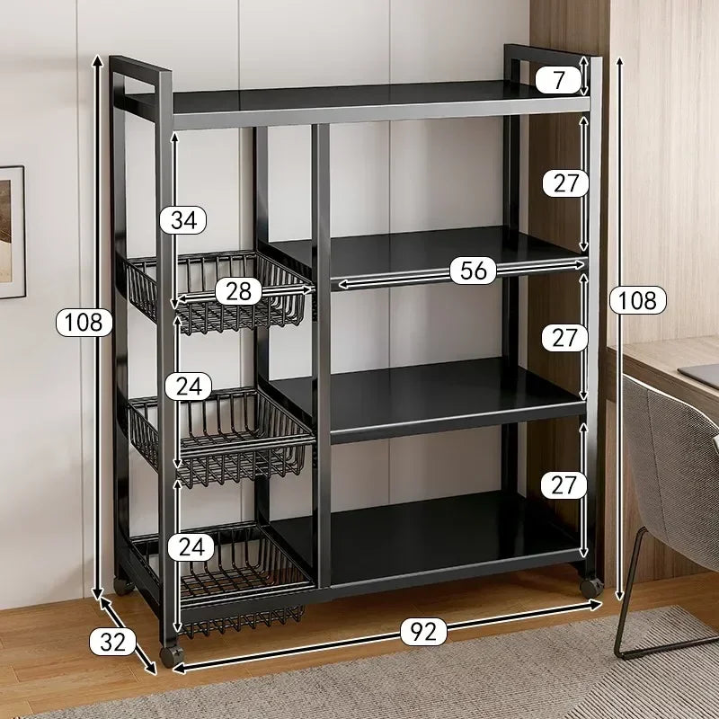 Kitchen Black-Brown Color Adjustable Height Pine Wood-Metal Storage Rack Movable Carts/360° Rotating Wheels
