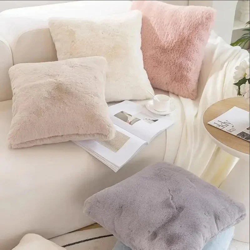 Beige 100% Polyester Ultra Soft Warm Plush Faux Rabbit Fur Plush Throw Pillow COVERS/
