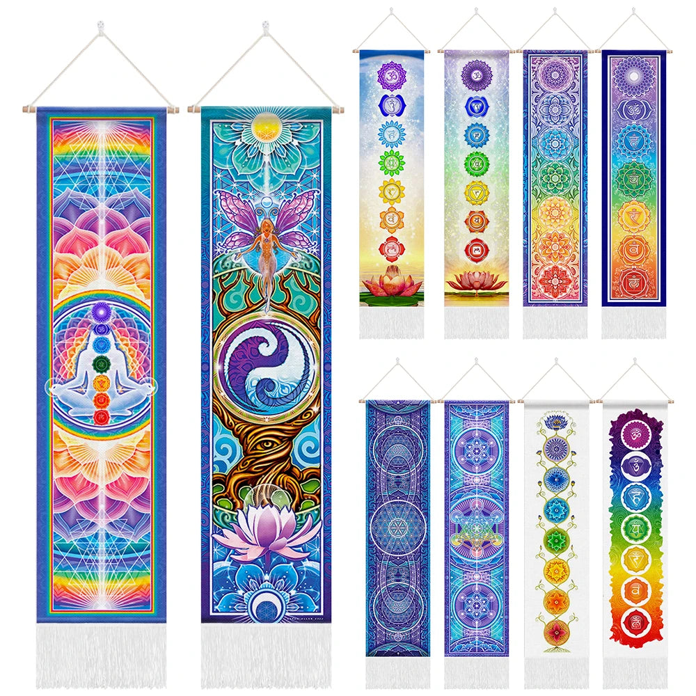 Unisex Rectangle Knitted Cotton-Polyester Blend Printed Soft Fabric 4 Colorful Geometric Chakras Themes Intricated Design Fringed Spiritual Meditation Wall Hanging Tapestries