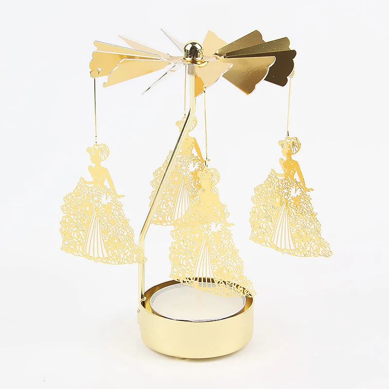 Gold Metal Rotating Fairies Flying Around Small Tealight Round Base Candleholders/No Candle/
