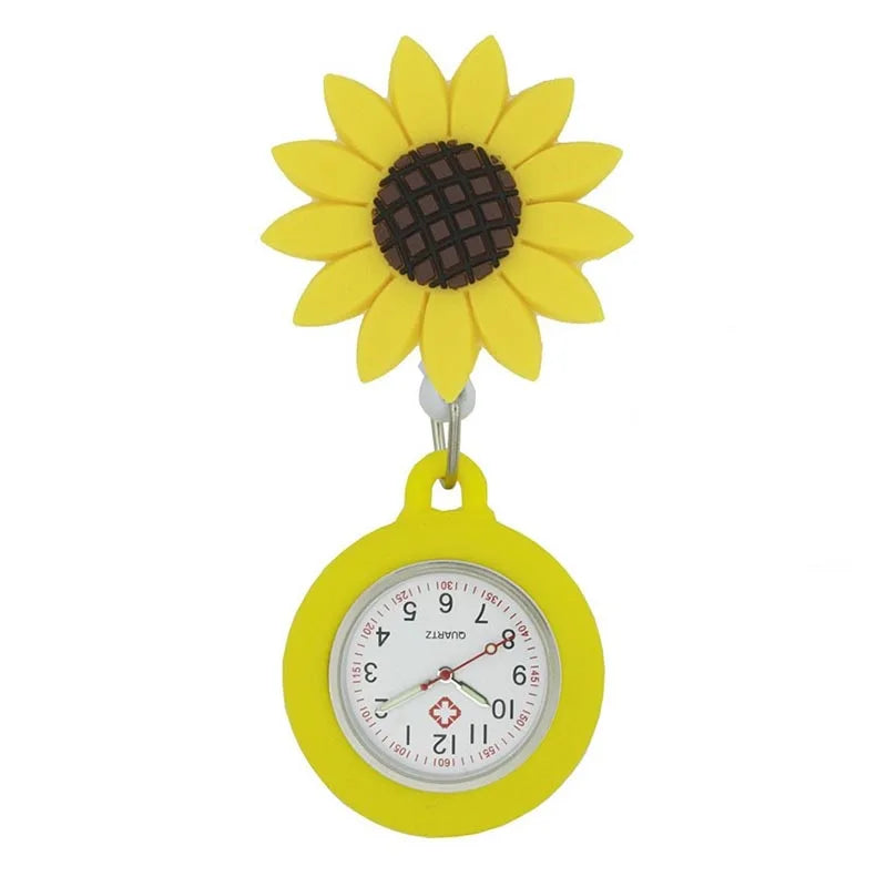 AIYOHI Quartz Analog-Digital Display Round Glass Face Silicone Covered Metal Alloy Case Cute Cartoon Animals-Fruit-Flowers-Cat Paw-Smiling Cloud Design Nurses-Doctors Retractable FOB Pocket Watches