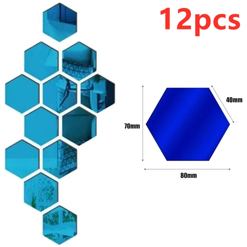 12/24Pcs 3D Hexagon Self Adhesive Removable Acrylic Wall Mirror Stickers/Colors-Silver/Red/Blue