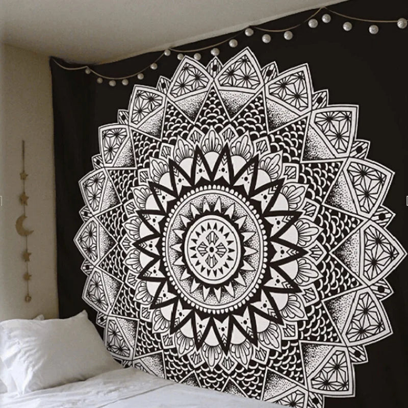 Geometric Color Printed Black Background Mandala Wall Hanging Cotton-Polyester Tapestries