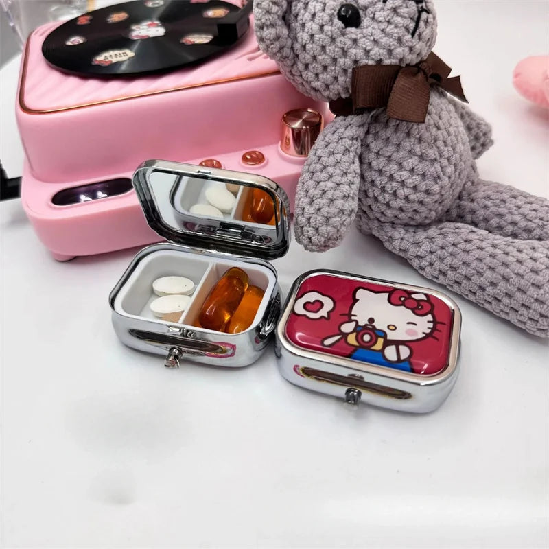 Hello Kitty's Cat Portable Square HD Mirrored Mini Sealed Cute Cartoon Girl Heart 2 Sub-Pockets Jewelry Box