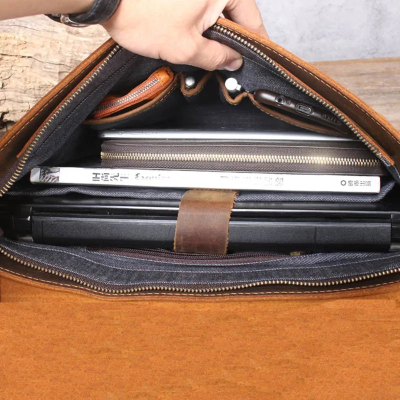 Luufan Brown Men Cow Leather Briefcase Zipper Bags/Handles-Shoulder Straps/Built-In Laptop Compartment/Fits 14 Inch Laptop