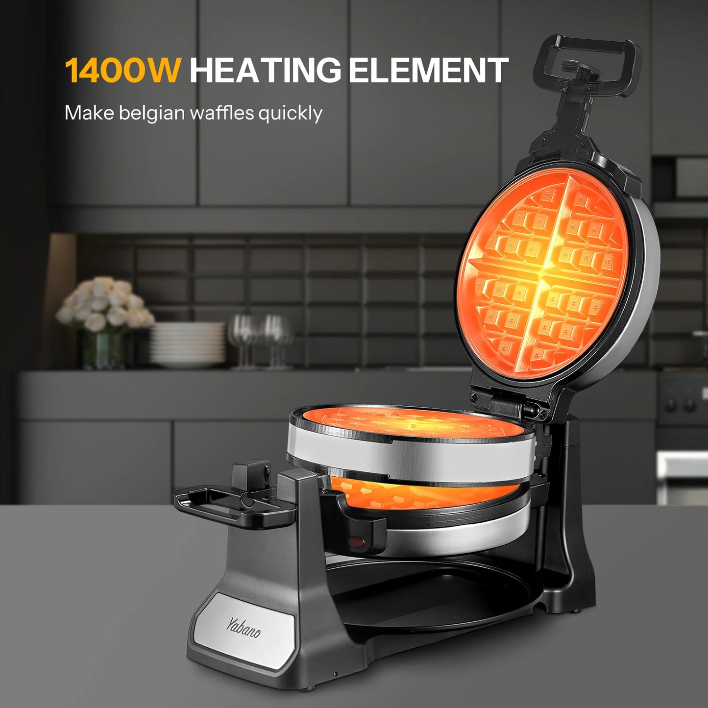 Non-Stick Double Flip Belgian Waffle Maker/Rotating Waffle Iron/Nonstick Plates/Removable Drip Tray/ Cool Touch Handles/Colors-Black/Silver