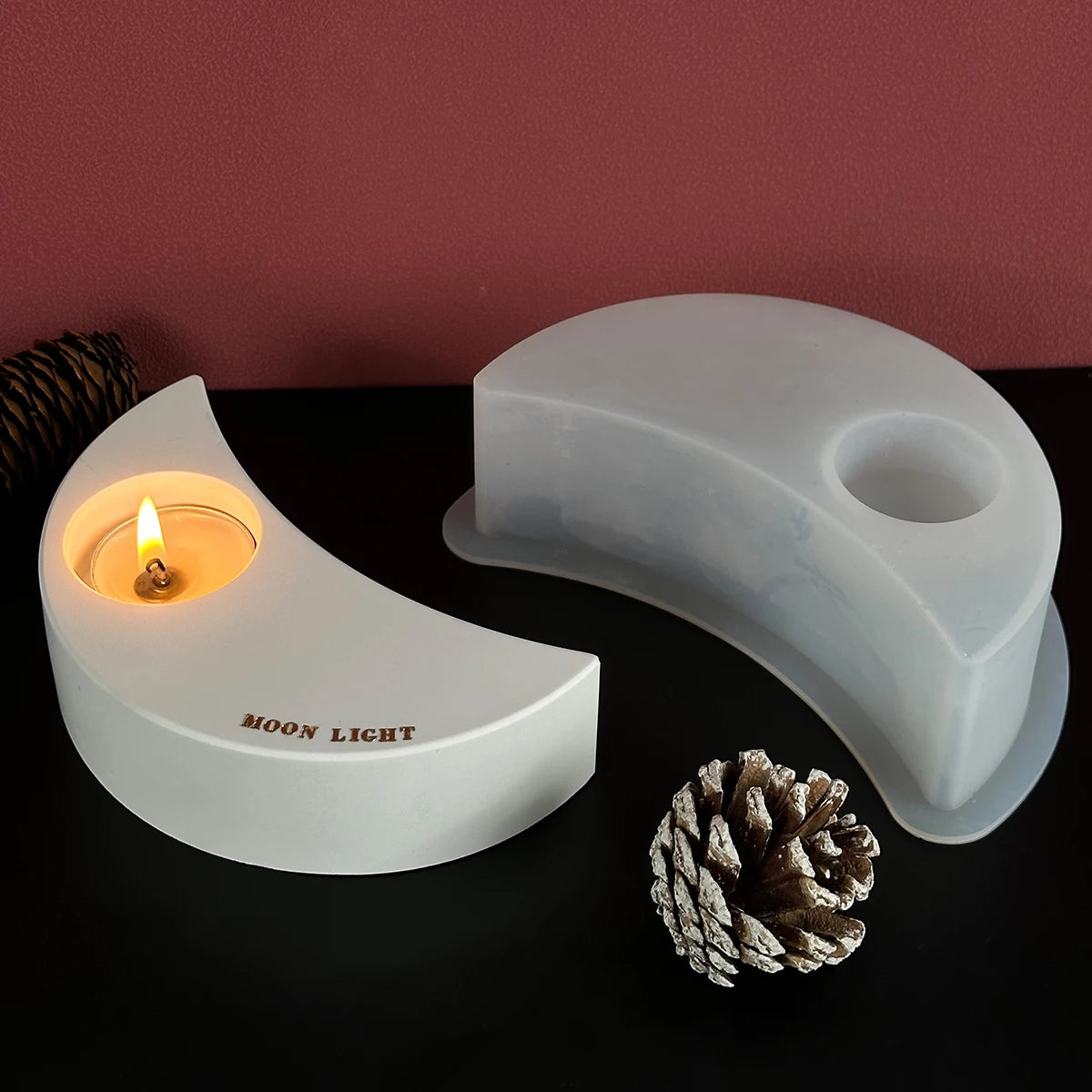 Silicone Heart-Moon Shape Plaster Cement DIY Handmade Resin Craft Milky White Candleholder Molds