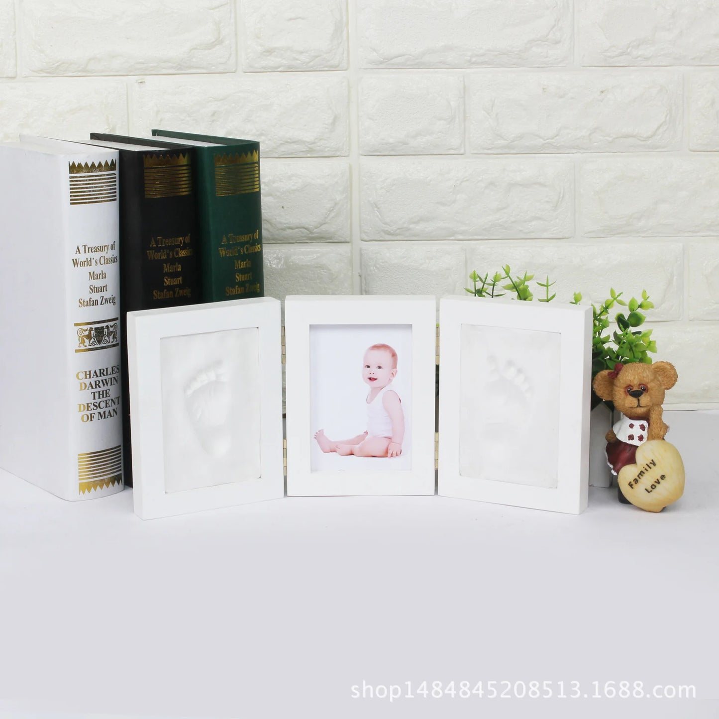 Newborn-3 Years Old White Solid Pine Tri-Fold Ink Pad Creating Hand-Foot In Plaster Of Paris Cement Print Keepsake Photo Frame