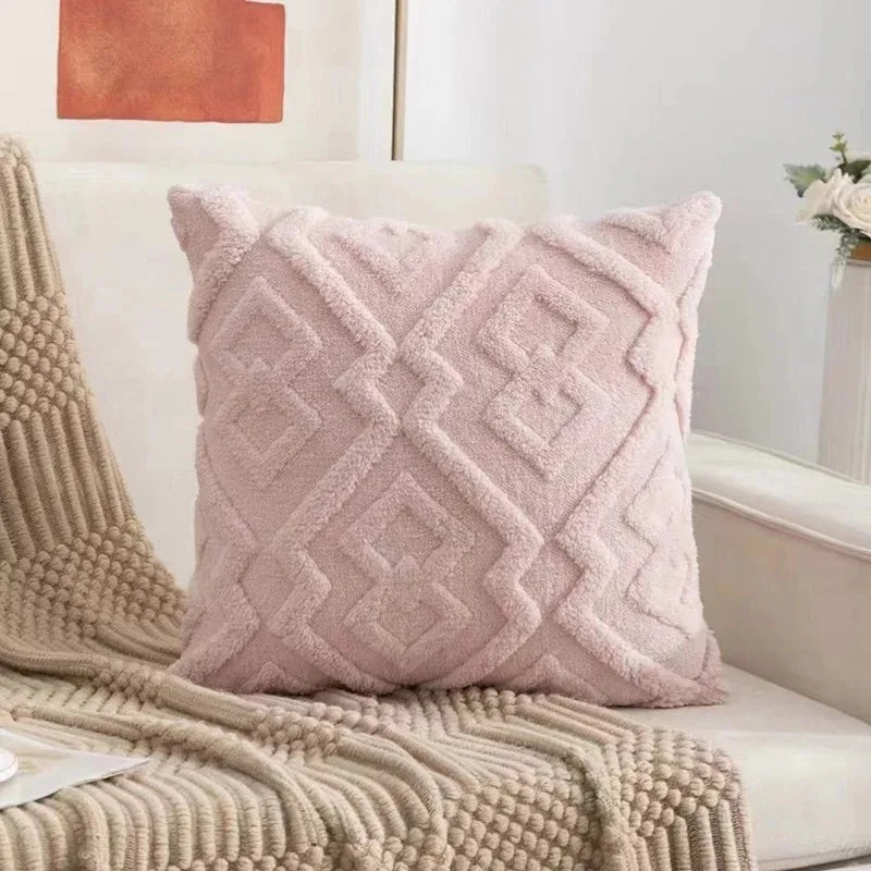 Plush Printed Square Weaved Soft Velvet Jacquard Faux Fur Throw Pillow COVERS/Colors-Geometric/Brown/Pink/Beige/