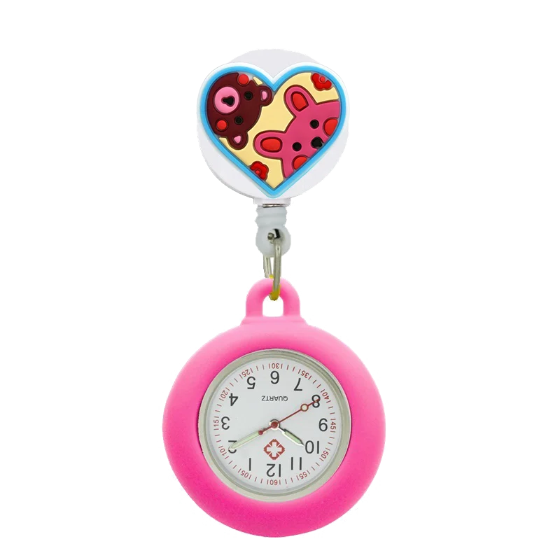YIJIA Adults Universal Waterproof Metal Quartz Glass Face Analog Display Arabic Numeral Cartoon Cute Heart Nurse-Doctor Clip-On Hanging Lapel Silicone Cover Fob Pocket Watch/Colors-Light Blue/Yellow/Light Pink/White/Neon Pink