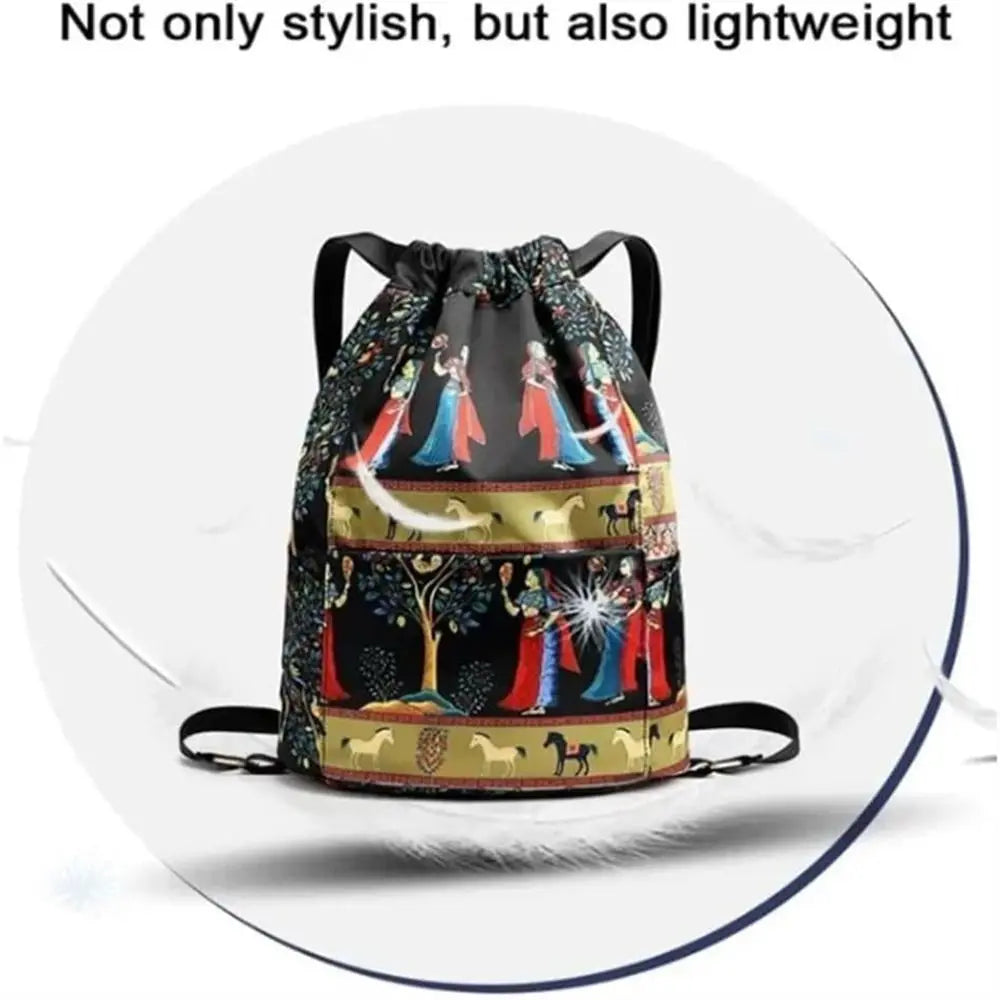 Large Foldable Oxford Cloth Polyester Lightweight Dry-Wet Separation Sports Drawstring Backpacks/External Pockets/Back Straps-Handle/Colors-Black/Animal/Multicolor