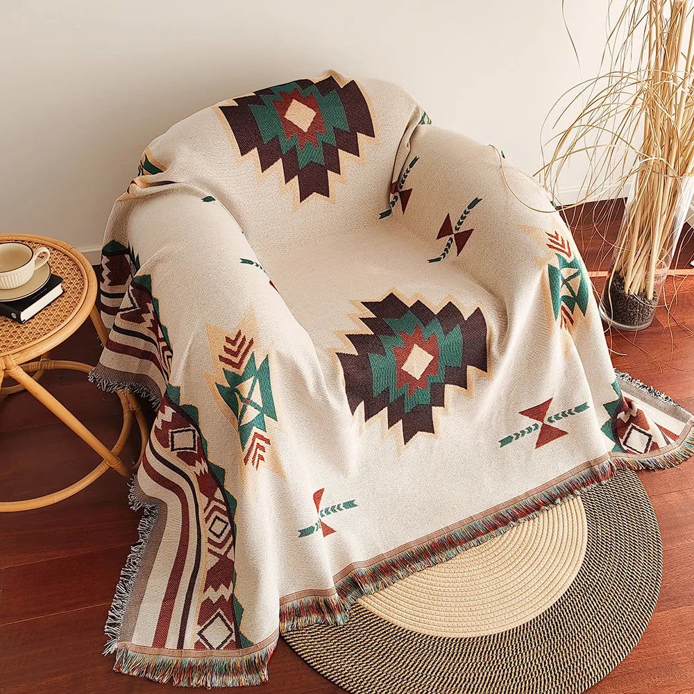 Jacquard Boho Rectangle Polyester-Cotton Oversized Aztec Native American Geometric Double-Sided Blanket Fringed Tapestries