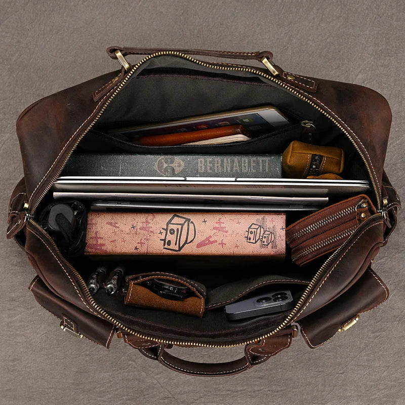 Men Luufan Vintage Zipper Cow Leather Briefcase Bags/Fits 15.6 Inch Laptop/Handles/Shoulder Straps/Single-Laptop Compartments/External Pockets/