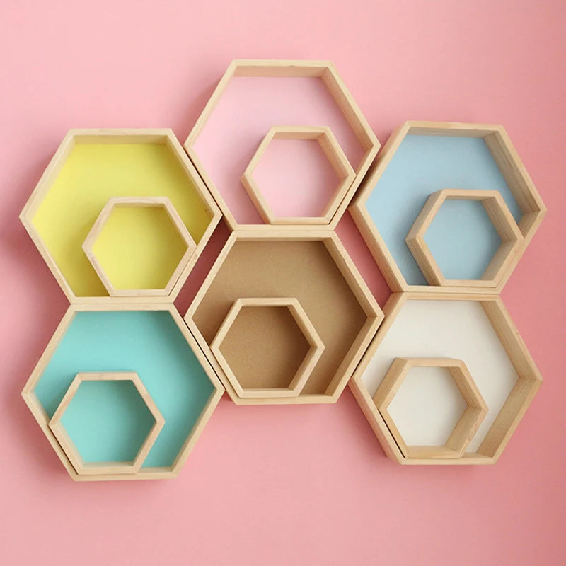 2 PCS Set Kids Wood Wall Mounted Hexagon Shaped Floating Shelves/Colors-Beige/Yellow/Pink/Green
