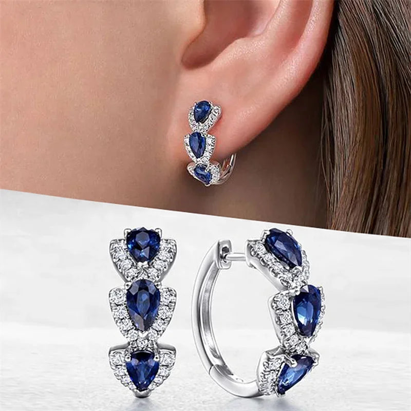 Huitan Women Elegant Geometric Brass Cubic Zirconia Copper Round Hoop Earrings /Colors-Blue/Green