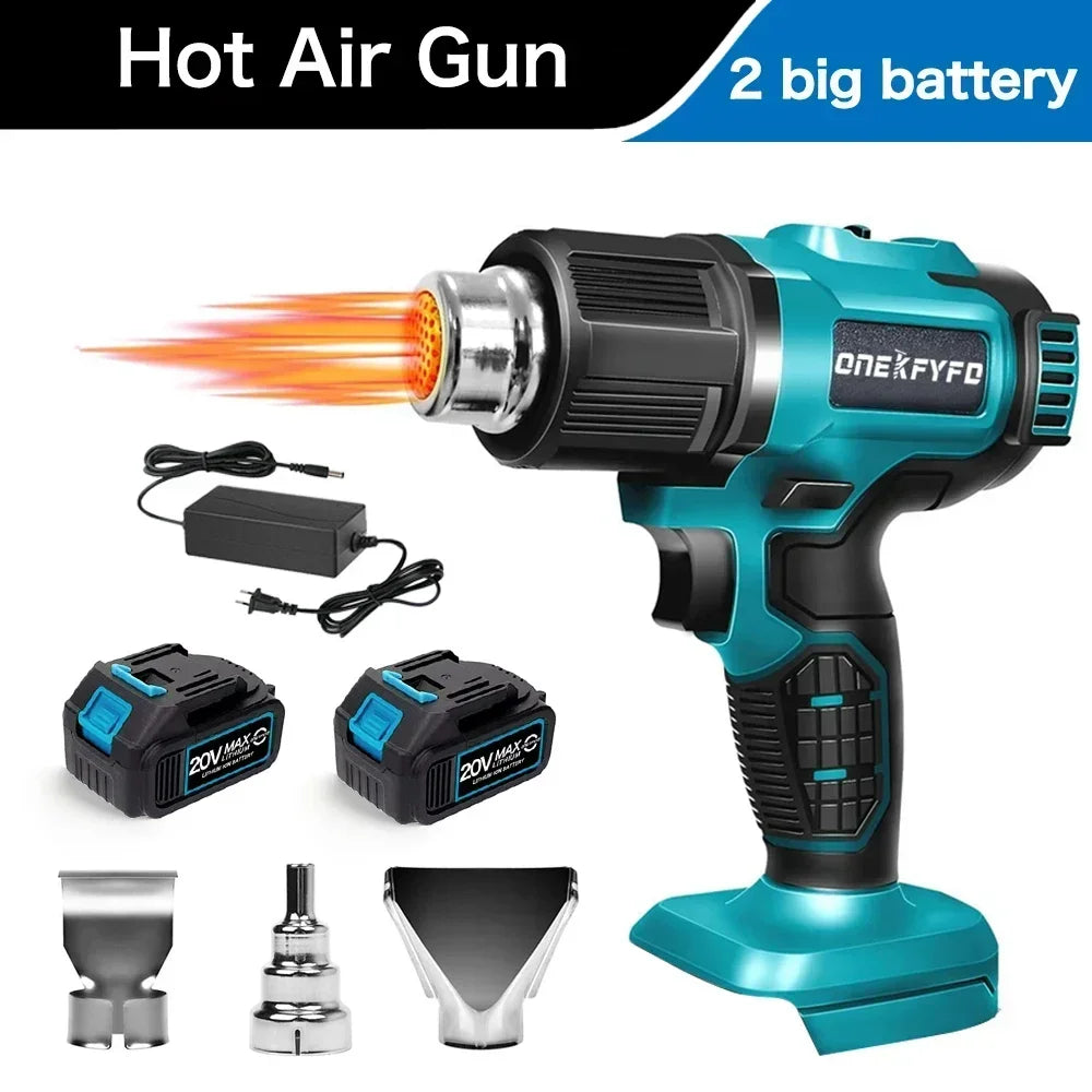 ONEKFYFD Plastic Blue-Black Body Lithium Battery-Powered Rechargeable Cordless Electric Adjustable Temperature 300W Hot Air Guns/2 Lithium Batteries/3 Nozzles/ Charging Cord/Adapt To Makita 18V Lithium Battery/Colors-Blue/Black/Silver