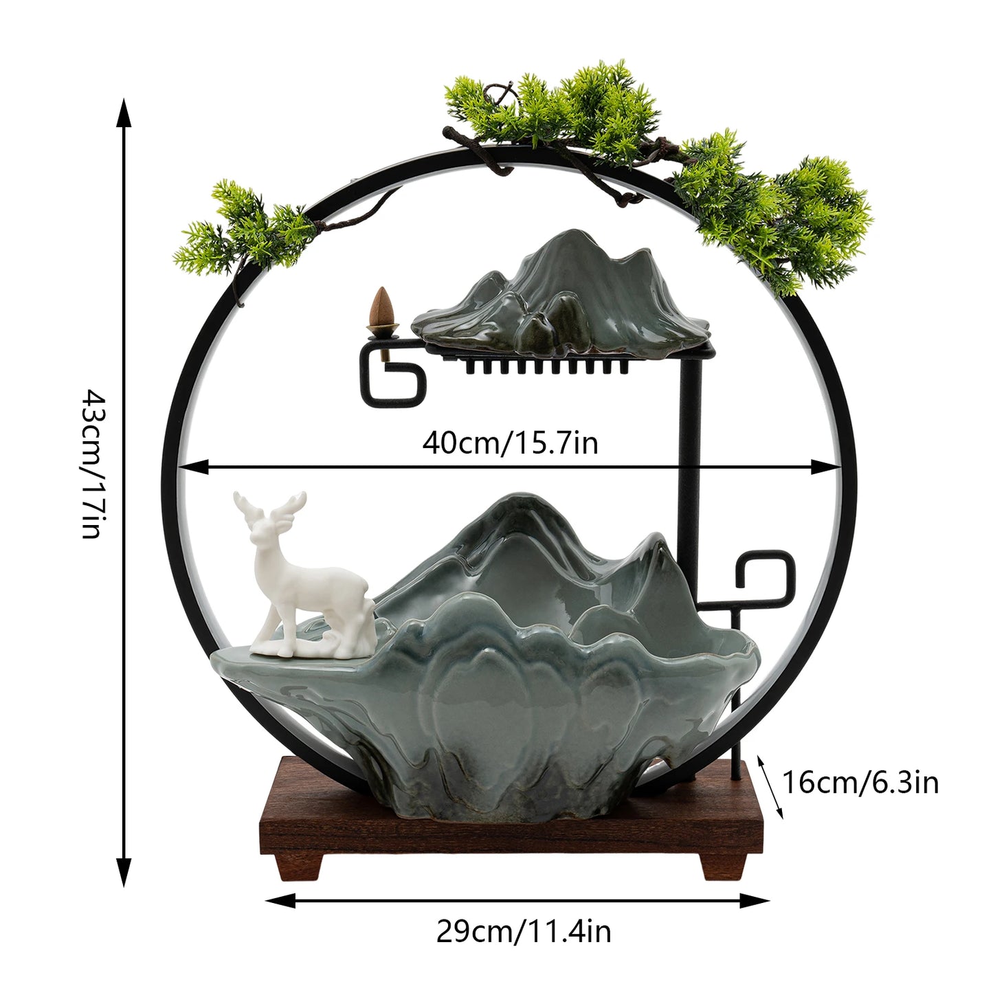 Wood Indoor Round Shaped Bracket Tabletop LED Lighted Ceramic Male Buck Deer Pine Trees Rocky Mountain Misty Waterfall Fountain/Colors-Brown/Green/White/Black