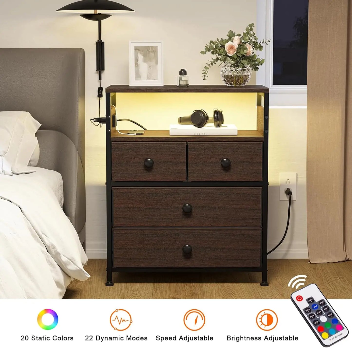 Wood Rustic Brown Nightstands/Charging Station / 4 Drawers /2-Tier Shelves
