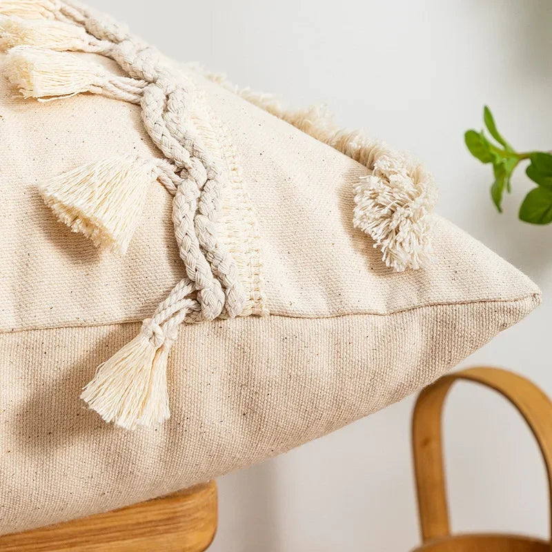 Tufted Beige Embroidered Linen /Polyester Tasseled Throw Pillows /Sizes -45 x 45cm /30 x 50cm
