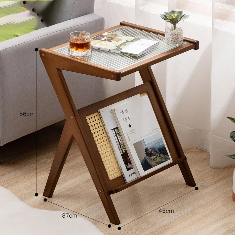 Z Shaped Bamboo Removable Glass Top End Table W/ Magazine Rack/Colors-Black/Brown/Oak