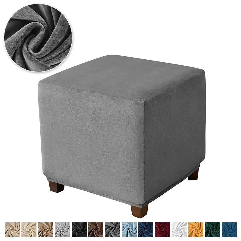 Soft Velvet Cotton-Polyester Square Ottoman Footrest Elastic Slipcovers/Colors-Green/White/Beige/Red/Gray