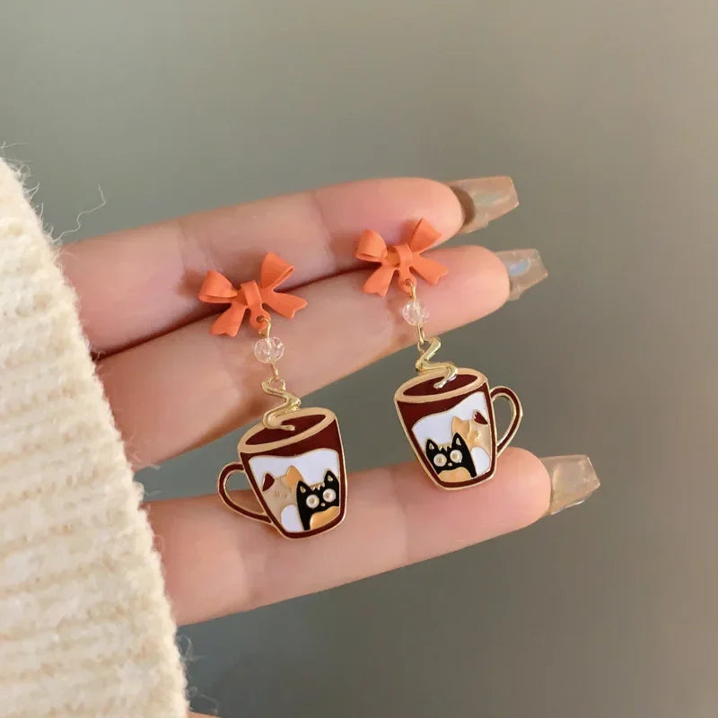 Women-Teen Girls Metal Long Tassel Asymmetrical Enamel Needle Cute Cartoon Cats Coffee-Teacup Dangle Drop Fine Imitation Earrings/Colors-Green/Multicolor/Geometric/Animals
