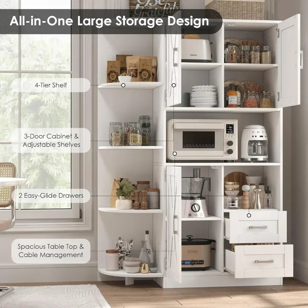 Solid Wood Farmhouse Kitchen Storage Cabinet/4 Tier Adjustable Shelves w/ 3 Doors /Dining Sideboard /2 Easy-Glide Drawers/Colors/White/Gray/Brown/ Holds Up To 350 lbs.