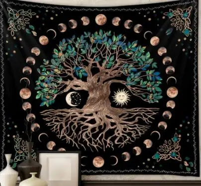 Black Background Polyester Nature Mysterious Garden Of Eden Green Tree of Life Forest-Sun-Beige Moon Spiritual Wall Hanging Tapestries/Colors-Green/Black/Beige