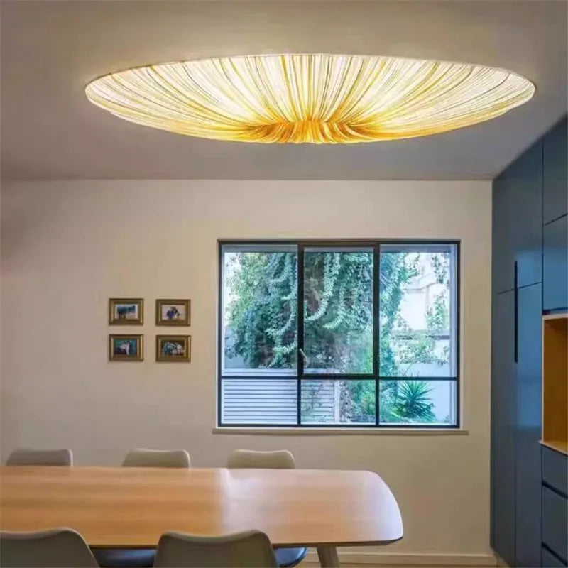 Round Beige Wabi Sabi Fabric Shade LED Ceiling Light Iron Fixtures