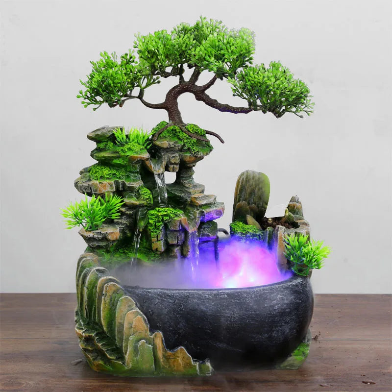 Green Resin LED Lights Indoor Bonsai Tree Foggy Mist Rocky Landscape Flowing Water Desktop Fountain/With US Plug