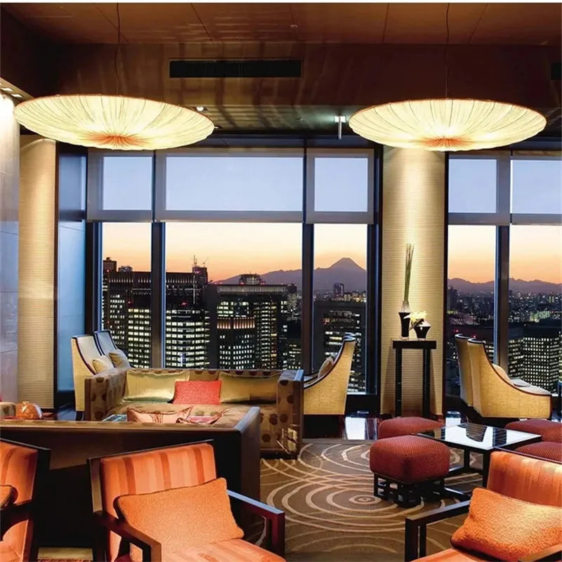 Round Beige Wabi Sabi Fabric Shade LED Ceiling Light Iron Fixtures