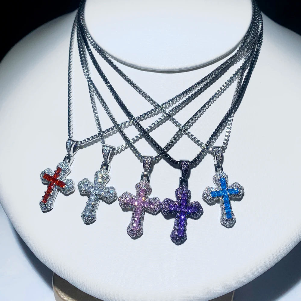 2025 Pink Red White Purple Blue 5 Color Cute Mini Small Colorful CZ Cross Pendant Necklace Hip Hop Men Women Fashion Jewelry