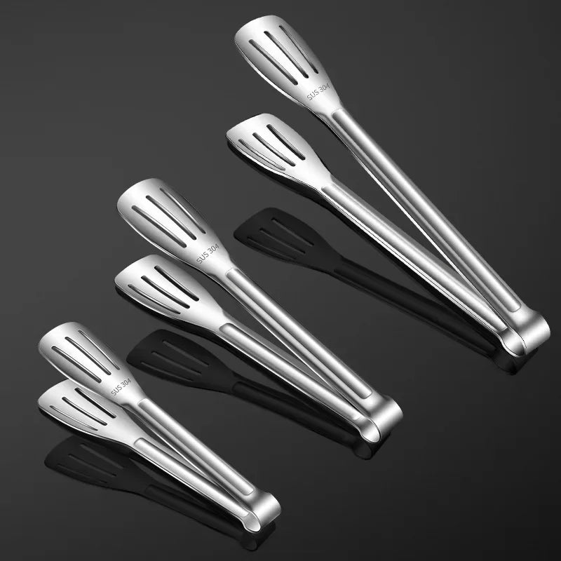 Kitchen S-M-L Sizes Non-Slip High Temperature Resistant Green Silicone Covered Handles Silver Stainless Steel Food Flat 3 Line Hollow Out Tongs