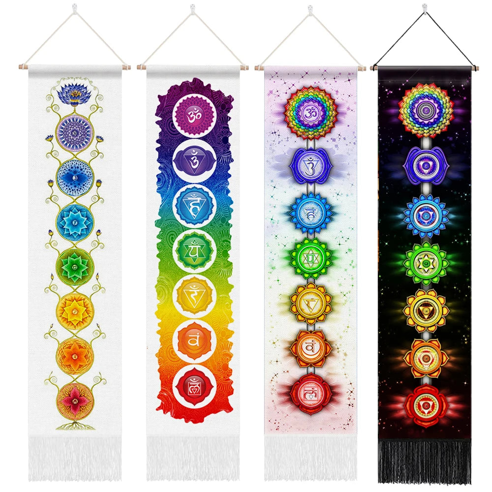 Unisex Rectangle Knitted Cotton-Polyester Blend Printed Soft Fabric 4 Colorful Geometric Chakras Themes Intricated Design Fringed Spiritual Meditation Wall Hanging Tapestries