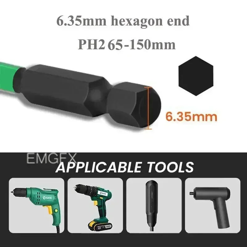 EMGFX 5 PCS Set Mechanic Design Impact Resistant Phosphating Black-Green Coating Alloy Steel Phillips Screw Head Low Magnetic Screwdriver BITS For Drills