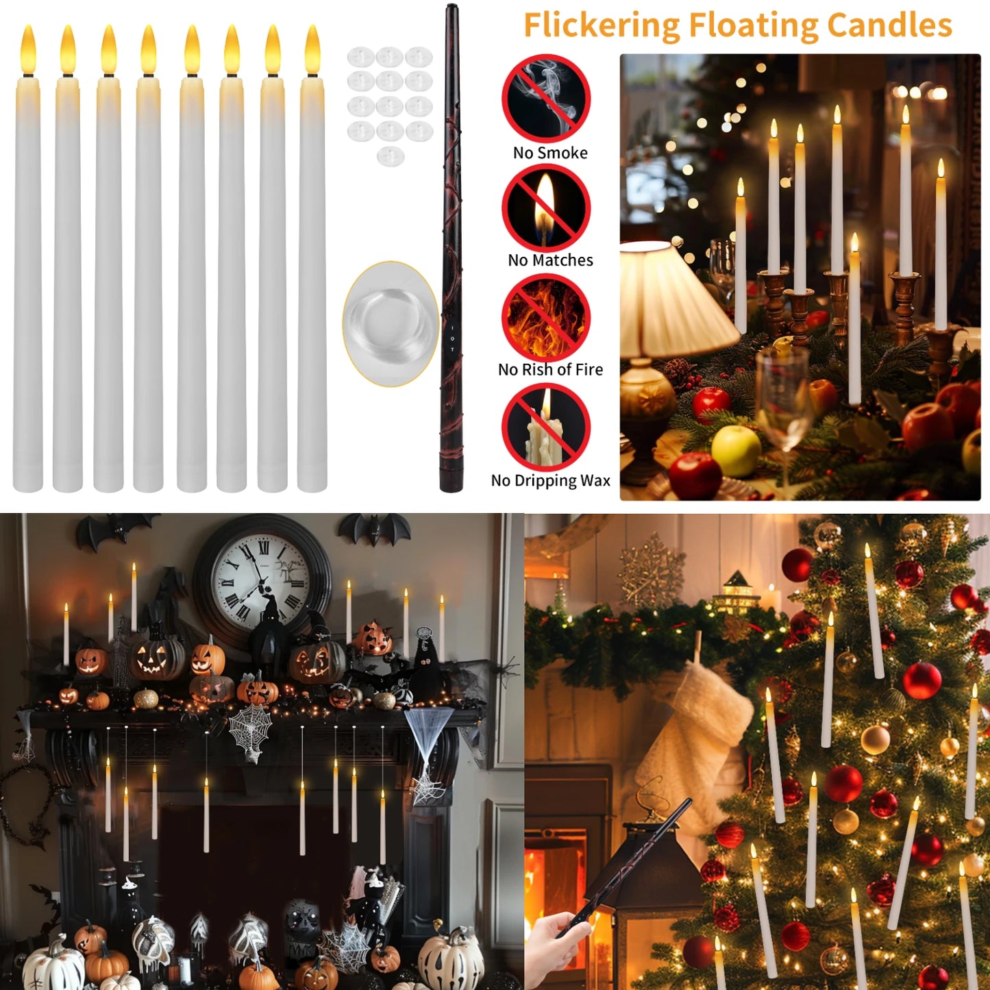 8-12 PCS LED White Tall Round Plastic Magic Wand Remote Control Flickering Floating Flameless Taper Candles