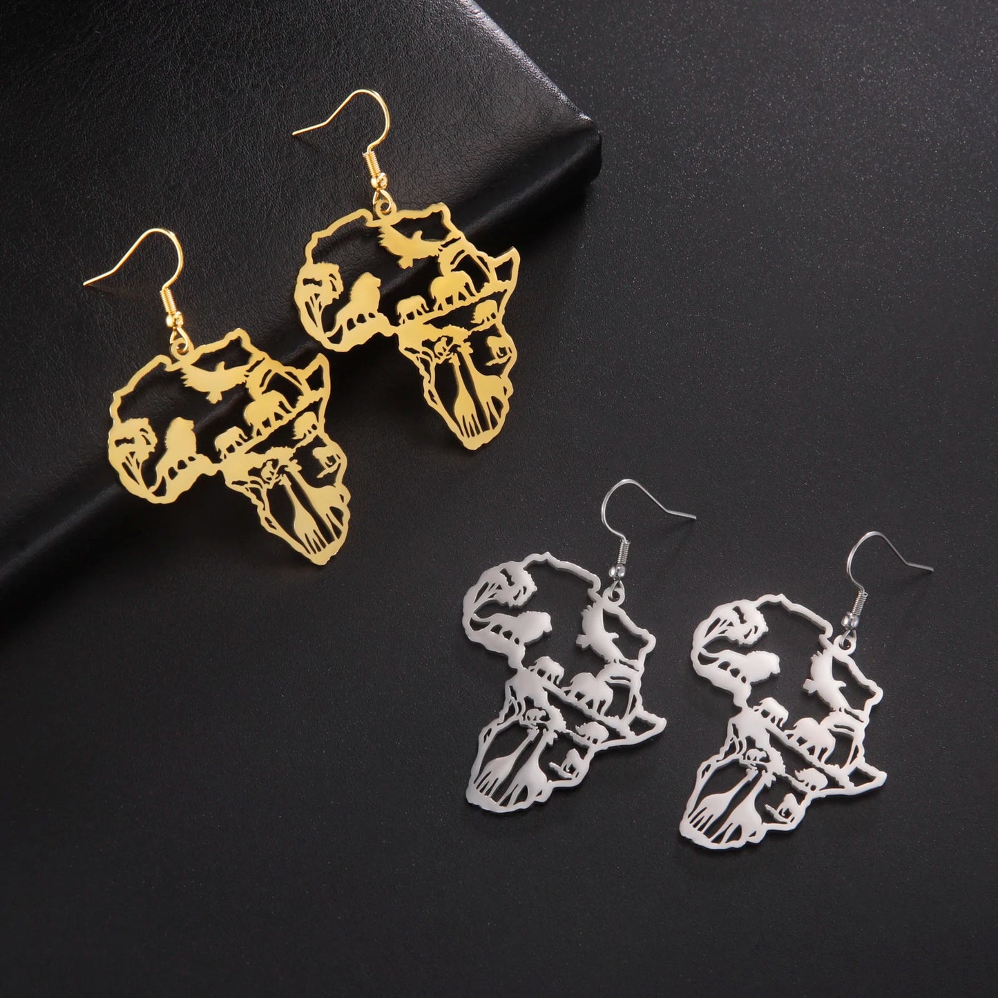 UNIFT Women Stainless Steel Metal Imitation Gold-Plated Africa Safari Animals Map Drop Earrings/Colors-Gold/Multicolor/Animals