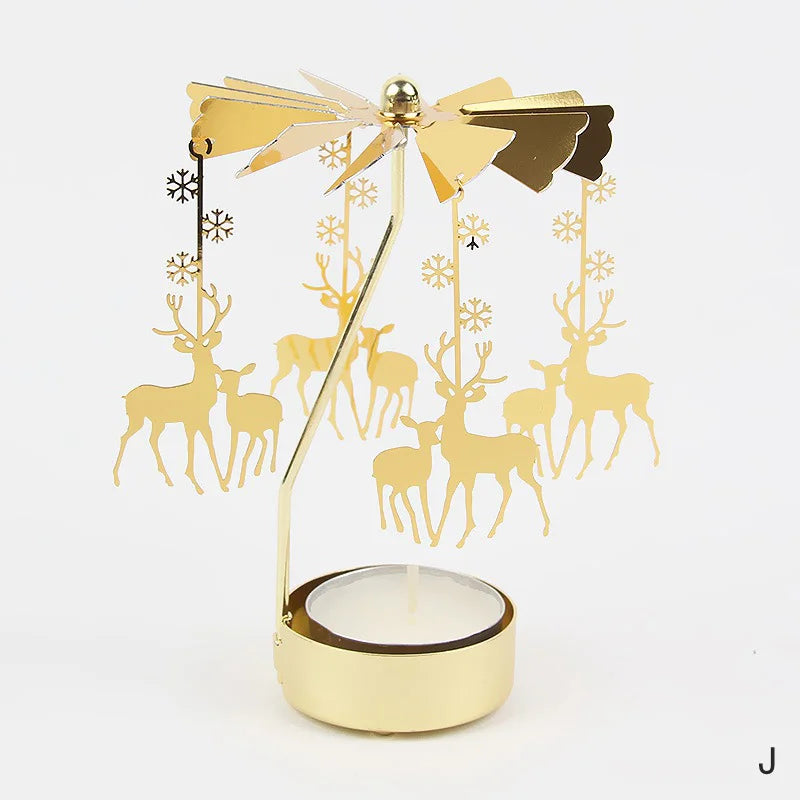Gold Stainless Steel Metal Rotating Carousel Deer-Snowflake Small Tealight Candleholders