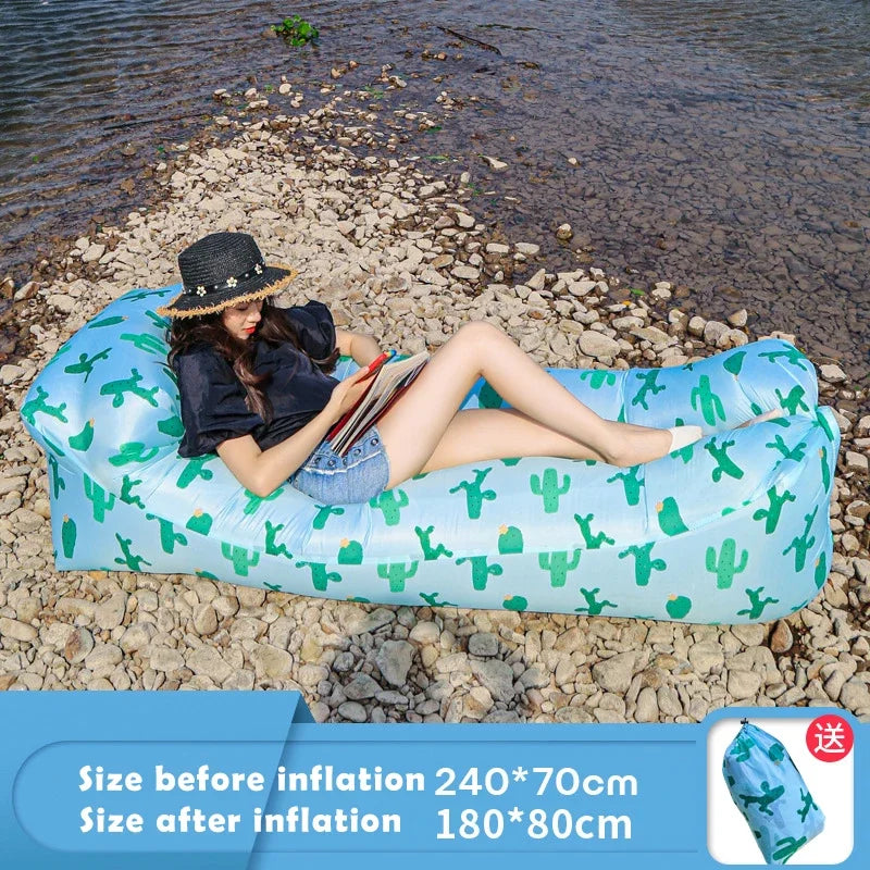 Outdoor Waterproof Inflatable Banana Shaped Oxford Cloth Polyester Fabric Lazy Pillow Air Sofa /Size: 200 x 240x 70cm/Weight Limit 400 kg (881 lbs)/Colors-Blue/Black/Brown/Beige/Gray/Geometric/Green/Multicolor