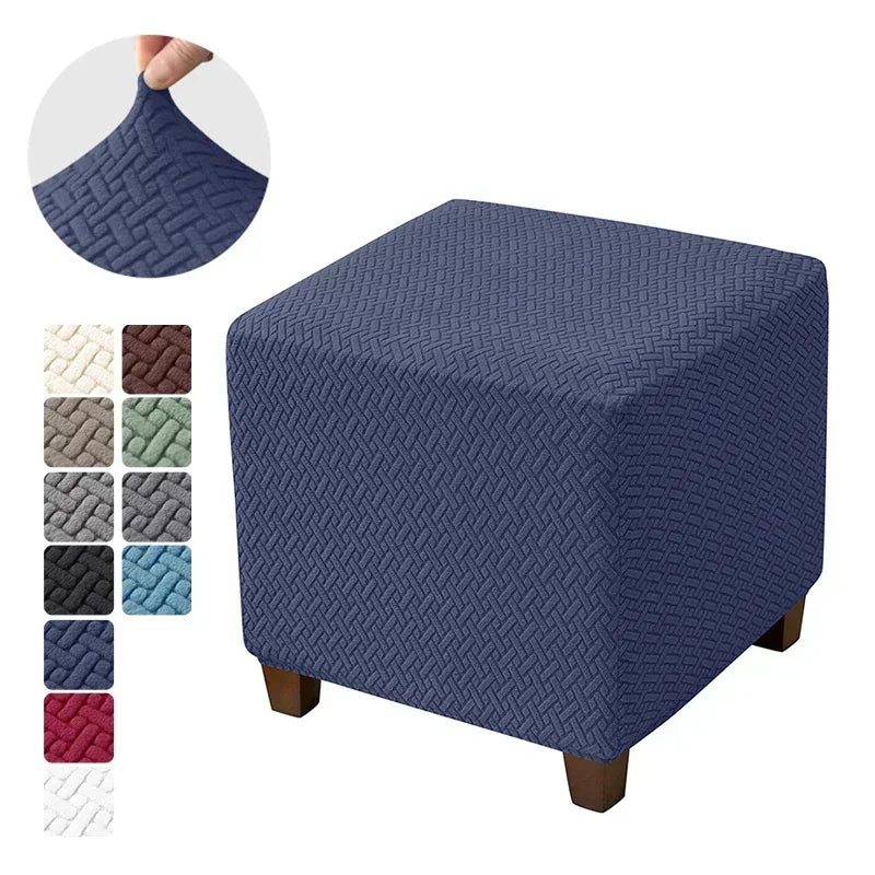 Solid Color Velvet-Spandex Jacquard Square Ottoman Elastic Stretch Footrest Slipcovers/Colors-Gray/White/Beige/Black/Blue/Green