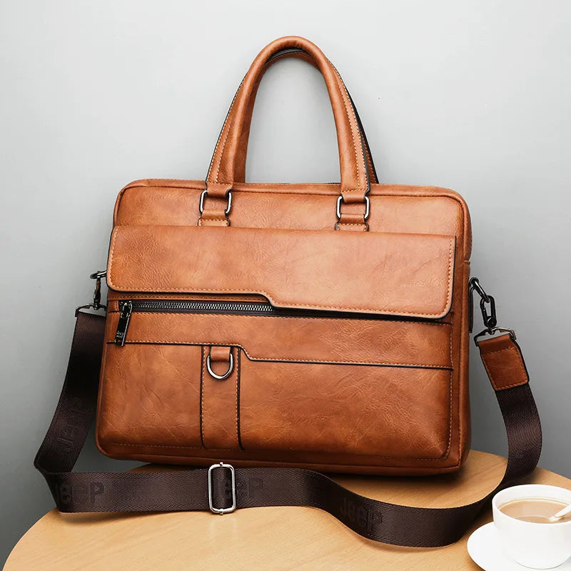 Men Waterproof Split Leather Zipper Briefcase Polyester Bags/Handles/ Shoulder Straps/Fits 14 Inch Laptop/Adjustable-Removable Strap/Single-Laptop Compartments/External Pockets/Colors-Black/Brown