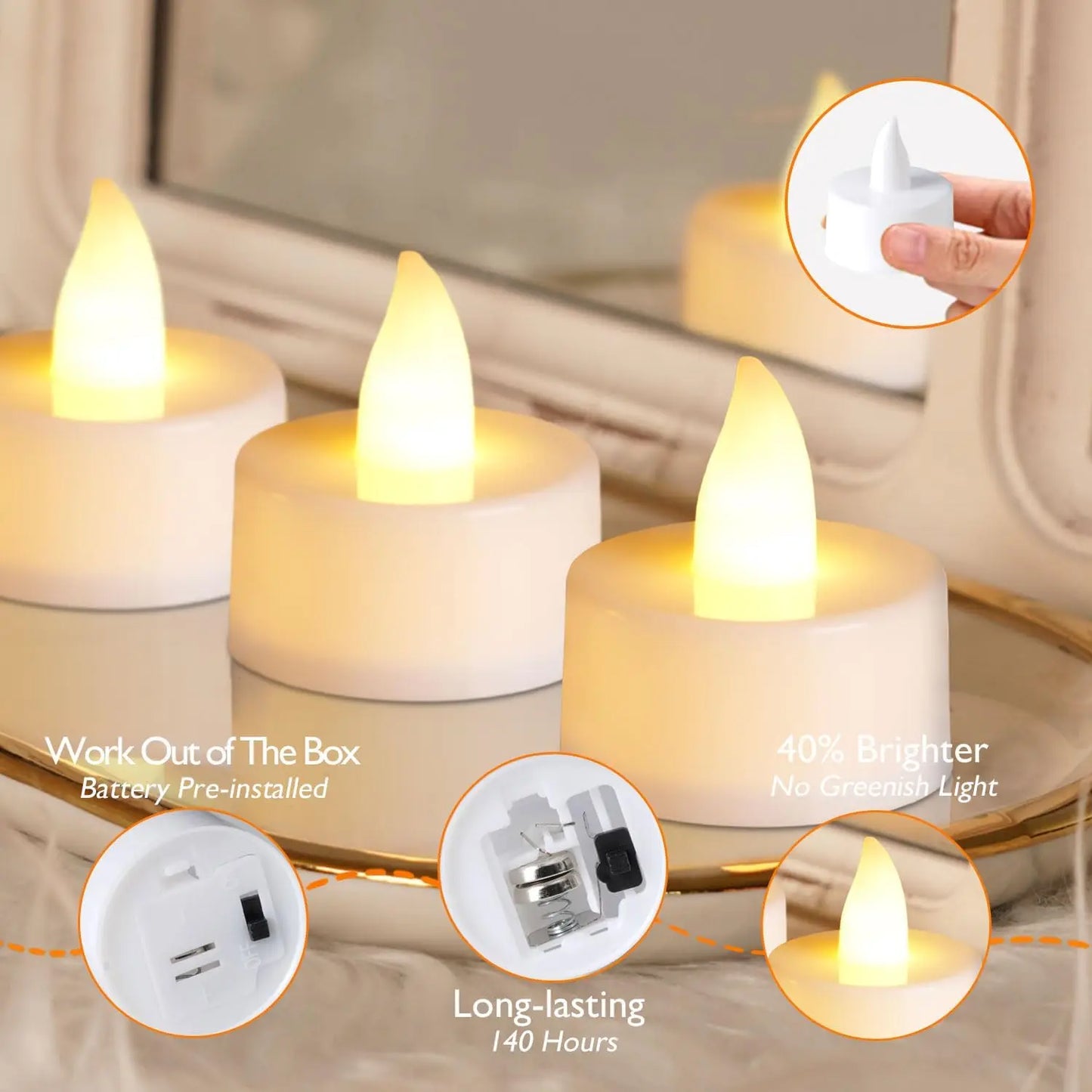 24 PCS Set Plastic Flickering Warm Flameless Small Round Tea Light Candles/Colors-White/Brown/Button Batteries-Bulbs Included
