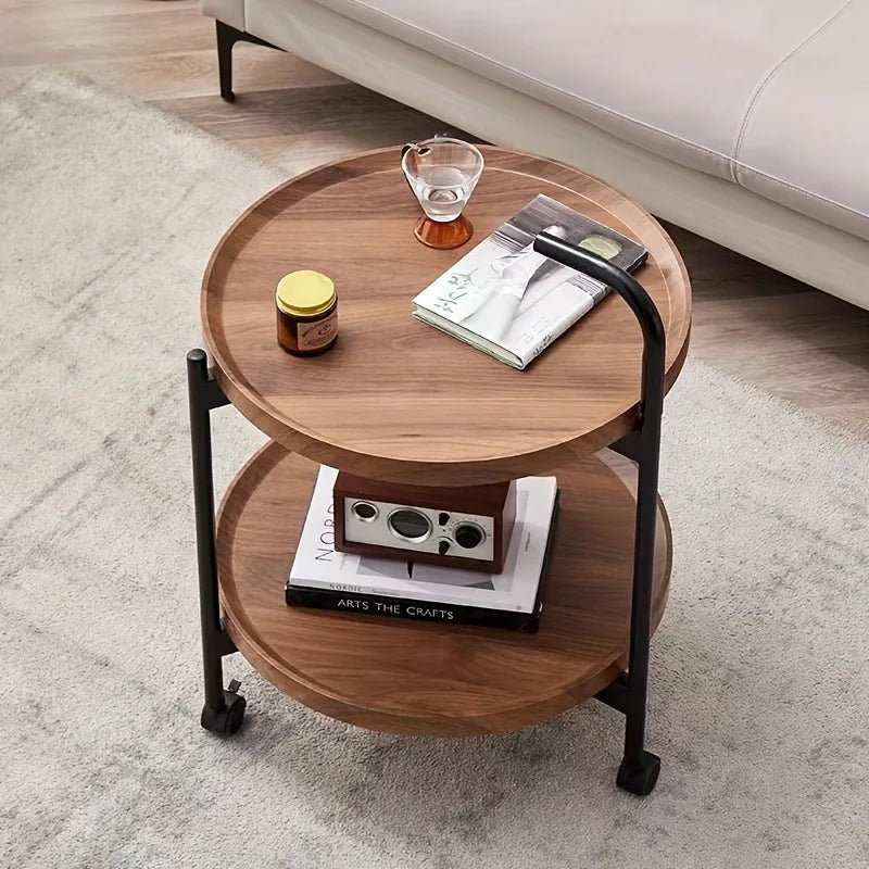 Wood Colored Small Double Layer End Table /3 Tripod Wheels/ Metal Frame/Colors- Gray/Brown/White