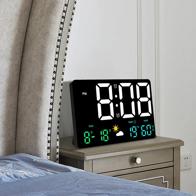 Black LED Plastic Rectangle Digital High-Definition Large-Screen Temperature-Humidity-Time Display Multi-Function Color Wall Alarm Clock