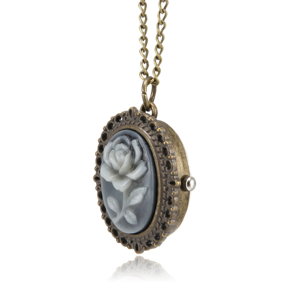 No-EN-Name-Null Women Bronze Metal Alloy Small Oval Case Arabic Numeral Analog Display Quartz Floral Carved Rose Necklace Chain-Pocket Watches