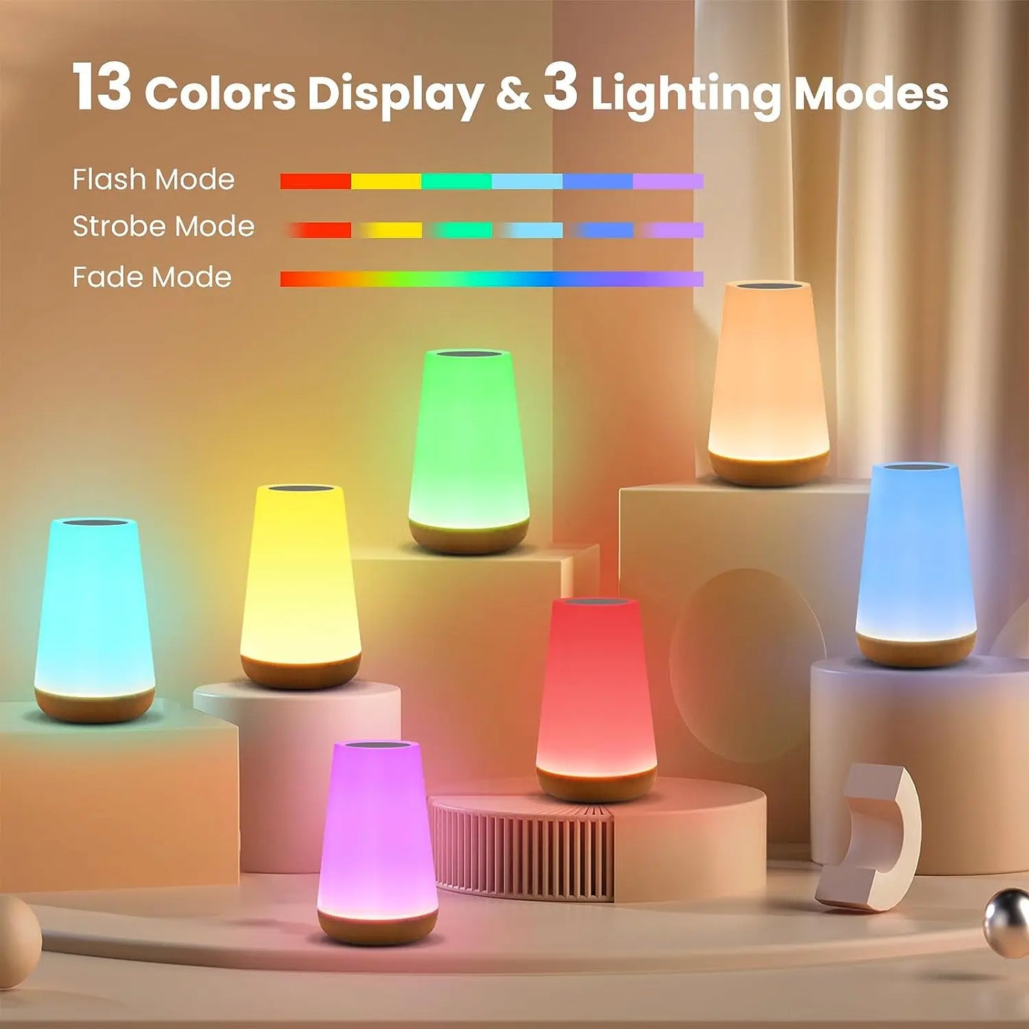Portable Round White-Black Bedside LED 13 Color Changing Touch RGB Remote Control Dimmable Night Light Sensing Bottom Table Lamps/ON-Off USB Rechargeable